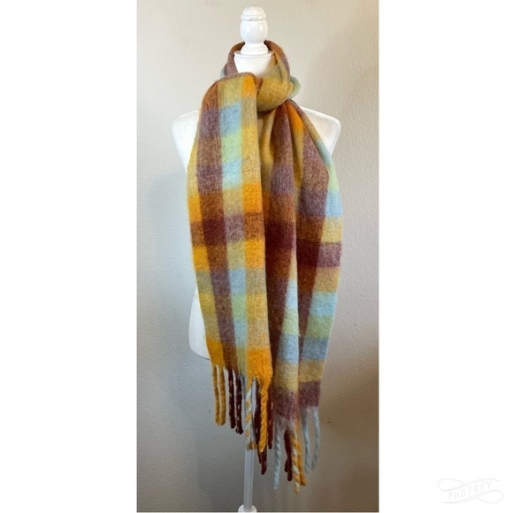 ANA Fall Orange Yellow Blue Red Plaid Fringe Soft Scarf - Picture 1 of 5